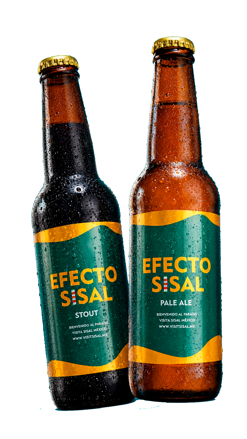 Botellas de cerveza artesanal de Cervezas Sisal, cervecería del pueblo mágico de Sisal, Yucatán